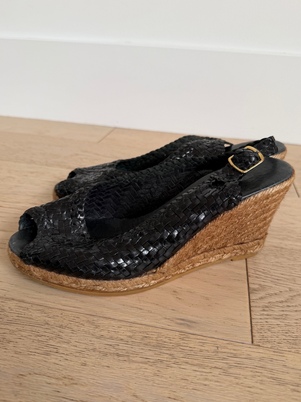 ERIC MICHAEL Woven Leather Wedge Heel Espadrilles Peep Toe Sling Back Sandals